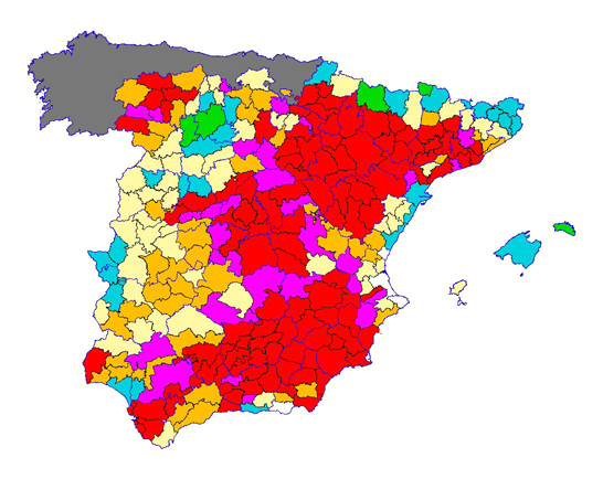 Imagen de las Diferencias comarcales: Diferencias medias relativas de los índices de vegetación acumulados del año actual y los de la media histórica, por comarca agraria