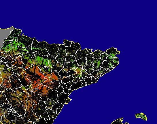 Imagen de NDVI medio secano: Índices de vegetación medios del mes para las zonas de cultivos de secano y pastizales - Noreste