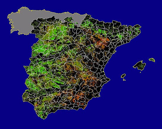 Imagen de NDVI medio secano: Índices de vegetación medios del mes para las zonas de cultivos de secano y pastizales