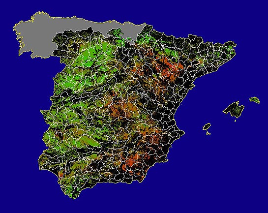 Imagen de NDVI medio secano: Índices de vegetación medios del mes para las zonas de cultivos de secano y pastizales