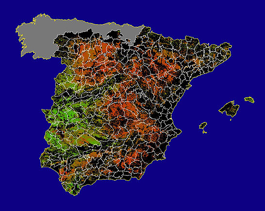 Imagen de NDVI medio secano: Índices de vegetación medios del mes para las zonas de cultivos de secano y pastizales