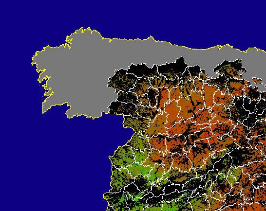 Imagen de NDVI medio secano: Índices de vegetación medios del mes para las zonas de cultivos de secano y pastizales - Noroeste