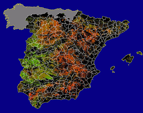 Imagen de NDVI medio secano: Índices de vegetación medios del mes para las zonas de cultivos de secano y pastizales