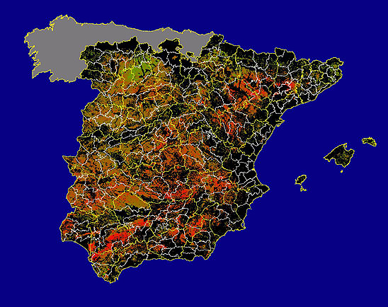 Imagen de las Diferencias acumuladas NDVI: Comparativa entre los índices de vegetación acumulados de enero a mayo (a junio en el mes de julio) del año actual y los de la media histórica