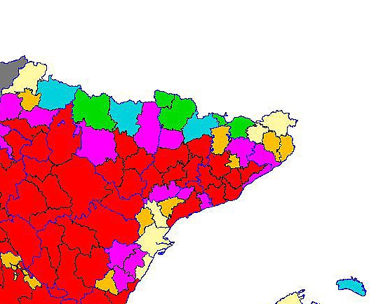 Imagen de las Diferencias comarcales: Diferencias medias relativas de los índices de vegetación acumulados del año actual y los de la media histórica, por comarca agraria