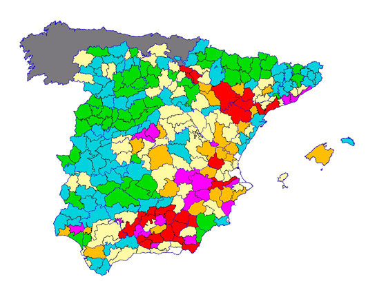 Imagen de las Diferencias comarcales: Diferencias medias relativas de los índices de vegetación acumulados del año actual y los de la media histórica, por comarca agraria