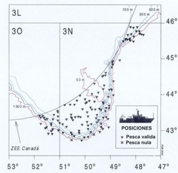 Plano de parte del Gran Banco de Terranova donde aparecen señaladas las pescas realizadas