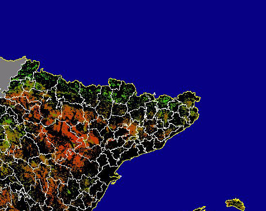 Imagen de NDVI medio secano: Índices de vegetación medios del mes para las zonas de cultivos de secano y pastizales