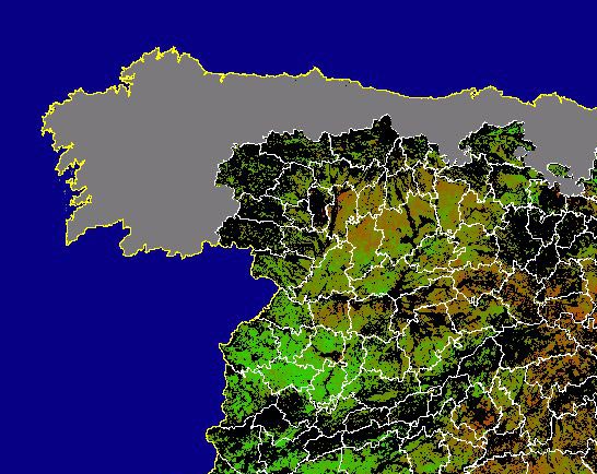 Imagen de NDVI medio secano: Índices de vegetación medios del mes para las zonas de cultivos de secano y pastizales - Noroeste