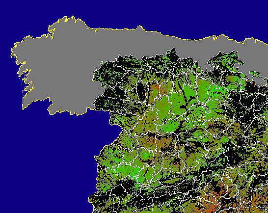 Imagen de NDVI medio secano: Índices de vegetación medios del mes para las zonas de cultivos de secano y pastizales