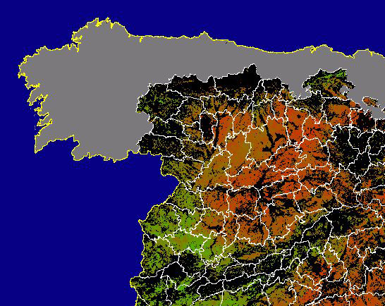 Imagen de NDVI medio secano: Índices de vegetación medios del mes para las zonas de cultivos de secano y pastizales - Noroeste