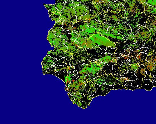 Imagen de Diferencias NDVI: Comparativa entre los índices de vegetación del mes de Marzo del año actual y los de la media histórica - Suroeste