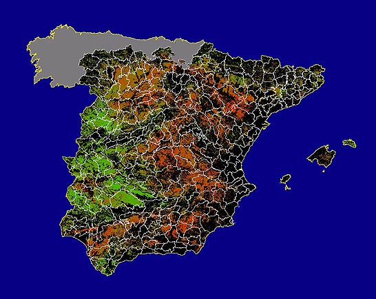 Imagen de NDVI medio secano: Índices de vegetación medios del mes para las zonas de cultivos de secano y pastizales