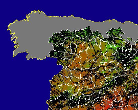 Imagen de NDVI medio secano: Índices de vegetación medios del mes para las zonas de cultivos de secano y pastizales