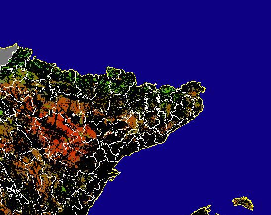 Imagen de NDVI medio secano: Índices de vegetación medios del mes para las zonas de cultivos de secano y pastizales