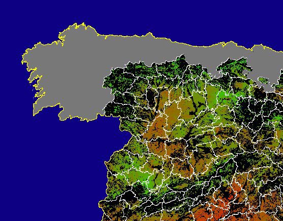 Imagen de NDVI medio secano: Índices de vegetación medios del mes para las zonas de cultivos de secano y pastizales