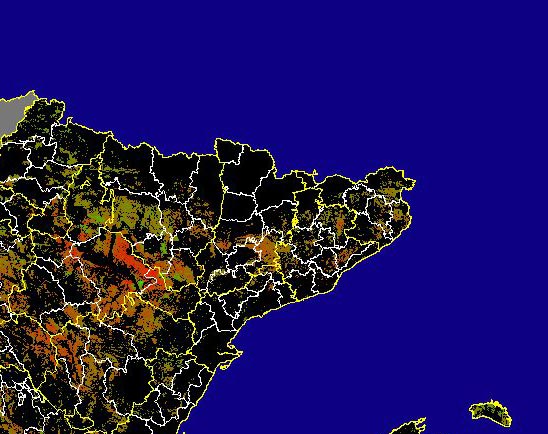 Imagen de las Diferencias acumuladas NDVI: Comparativa entre los índices de vegetación acumulados de enero a mayo (a junio en el mes de julio) del año actual y los de la media histórica