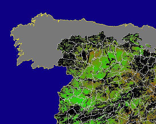 Imagen de NDVI medio secano: Índices de vegetación medios del mes para las zonas de cultivos de secano y pastizales - Noroeste