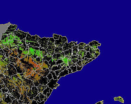 Imagen de NDVI medio secano: Índices de vegetación medios del mes para las zonas de cultivos de secano y pastizales - Noreste