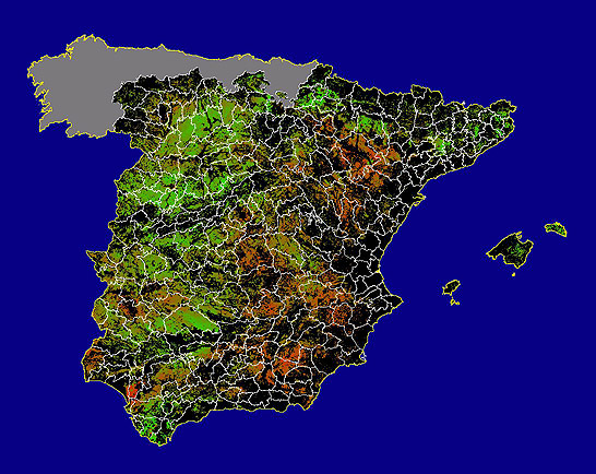 Imagen de NDVI medio secano: Índices de vegetación medios del mes para las zonas de cultivos de secano y pastizales