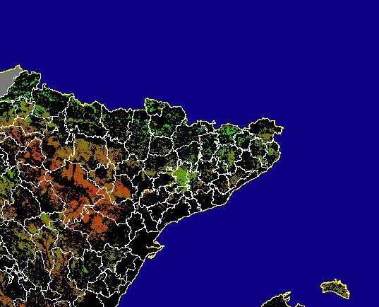 Imagen de NDVI medio secano: Índices de vegetación medios del mes para las zonas de cultivos de secano y pastizales