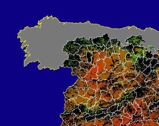 Imagen de NDVI medio secano: Índices de vegetación medios del mes para las zonas de cultivos de secano y pastizales