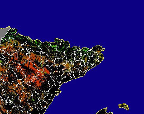 Imagen de NDVI medio secano: Índices de vegetación medios del mes para las zonas de cultivos de secano y pastizales