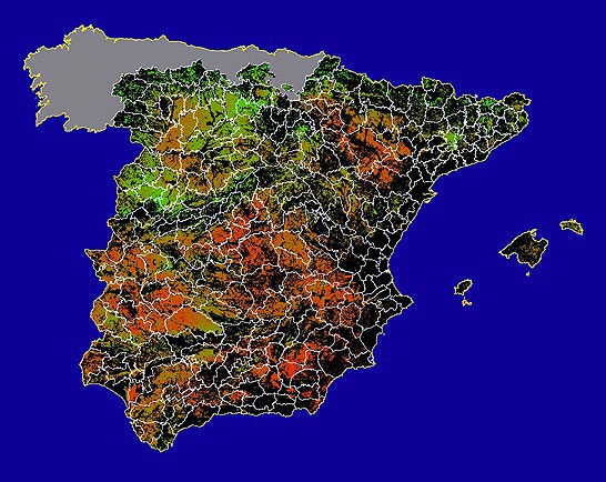 Imagen de NDVI medio secano: Índices de vegetación medios del mes para las zonas de cultivos de secano y pastizales