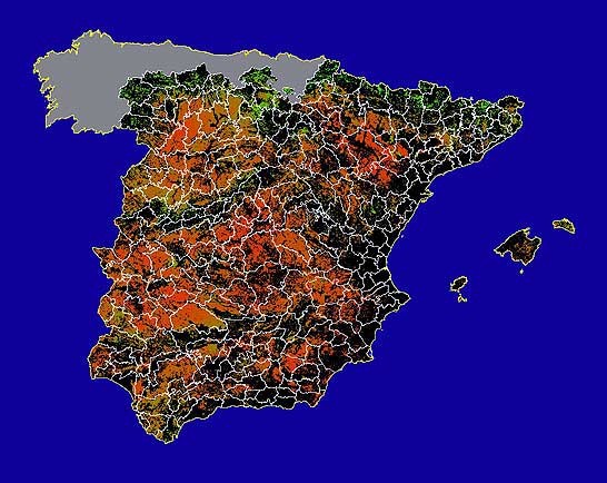 Imagen de NDVI medio secano: Índices de vegetación medios del mes para las zonas de cultivos de secano y pastizales