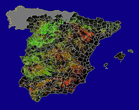 Imagen de NDVI medio secano: Índices de vegetación medios del mes para las zonas de cultivos de secano y pastizales