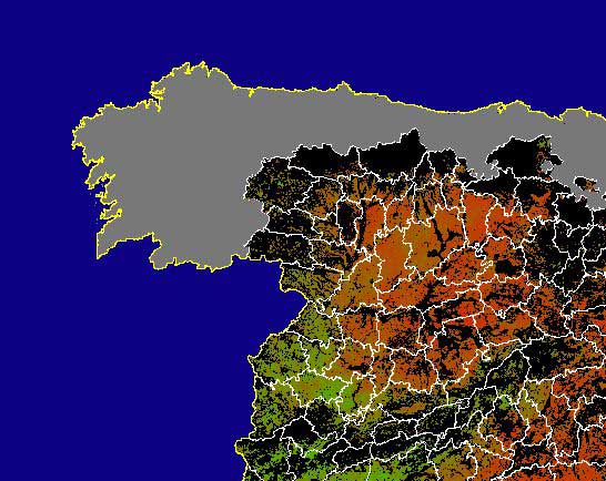 Imagen de NDVI medio secano: Índices de vegetación medios del mes para las zonas de cultivos de secano y pastizales - Noroeste