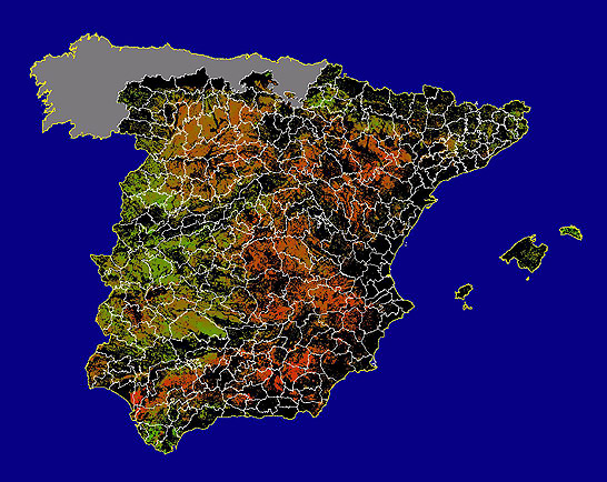 Imegen de NDVI medio secano: Índices de vegetación medios del mes para las zonas de cultivos de secano y pastizales