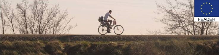 Adulto que lleva en el trasportín a un niño en bicicleta por un camino