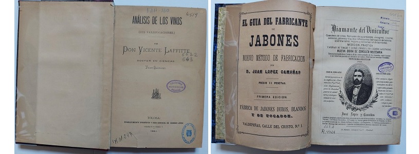 Foto 1: López Camuñas, José. Diamante del vinicultor: escuela de vinificación para el cosechero de vinos, fabricante de aguardiente, vinagres… Ciudad Real: imprenta de Ramón Clemente Rubisco, 1885. 3ª edición corregida, mejorada y aumentada. Biblioteca de Agricultura, Pesca y Alimentación. Signatura: FAN-38. Foto 2: Laffitte, Vicente. Análisis de los vinos: sus falsificaciones. Tolosa: Eusebio López, 1891. Biblioteca de Agricultura, Pesca y Alimentación. Signatura: FAN-130.