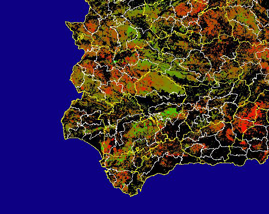 Imagen de Diferencias NDVI: Comparativa entre los índices de vegetación del mes de Marzo del año actual y los de la media histórica - Suroeste