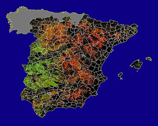 Imagen de NDVI medio secano: Índices de vegetación medios del mes para las zonas de cultivos de secano y pastizales