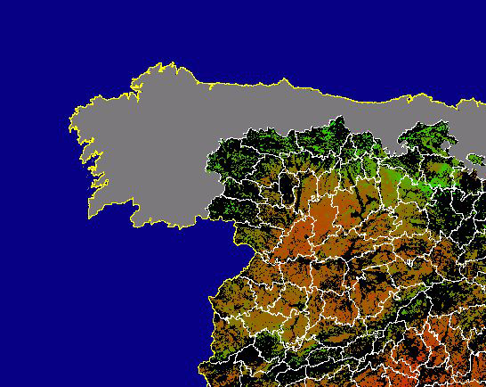 Imagen de NDVI medio secano: Índices de vegetación medios del mes para las zonas de cultivos de secano y pastizales