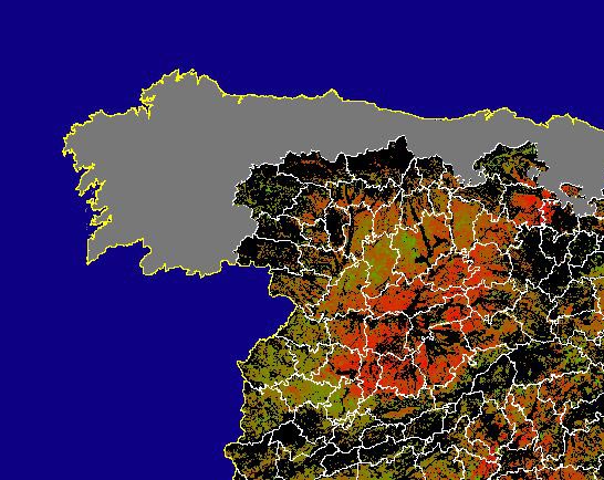 Imagen de NDVI medio secano: Índices de vegetación medios del mes para las zonas de cultivos de secano y pastizales - Noroeste