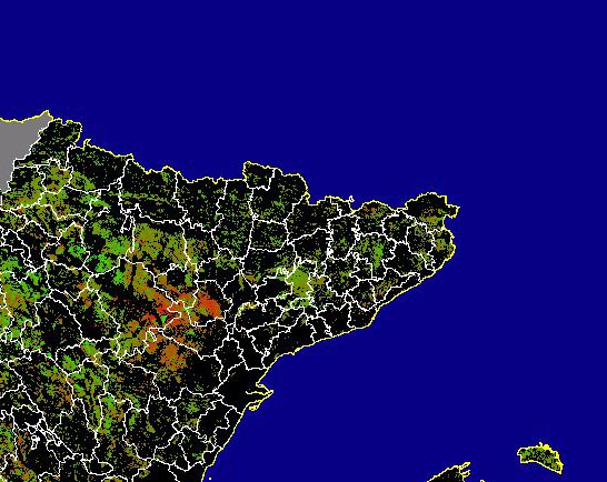 Imagen de NDVI medio secano: Índices de vegetación medios del mes para las zonas de cultivos de secano y pastizales