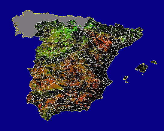 Imagen de NDVI medio secano: Índices de vegetación medios del mes para las zonas de cultivos de secano y pastizales