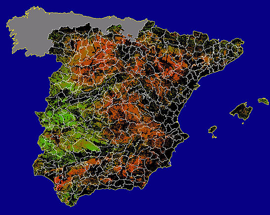 Imagen de NDVI medio secano: Índices de vegetación medios del mes para las zonas de cultivos de secano y pastizales