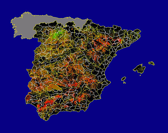 Imagen de las Diferencias acumuladas NDVI: Comparativa entre los índices de vegetación acumulados de enero a mayo del año actual y los de la media histórica