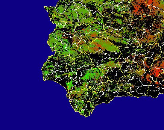 Imagen de Diferencias NDVI: Comparativa entre los índices de vegetación del mes de Marzo del año actual y los de la media histórica - Suroeste