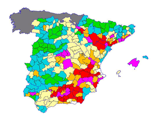 Imagen de las Diferencias comarcales: Diferencias medias relativas de los índices de vegetación acumulados del año actual y los de la media histórica, por comarca agraria