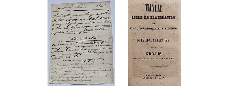 Foto 1: Oficio de la Sociedad Económica Matritense de Amigos del País para celebrar anualmente un concurso público de vinos y aguardientes, 1847. (Archivo Central. AC-31204/9). Foto 2: Manual sobre la elaboración del vino aguardiente y licores, y de la cidra y la cerveza, publicado en Casa Rustica de 1840 ó nueva guía manual de todas las ciencias y artes pertenecientes a los habitantes del campo, propietarios, arrendadores, viñeros, hortelanos, ganaderos... Autor: Sociedad de Agrónomos, Médicos, Veterinarios y Químicos. 1842. (Biblioteca Central. BAL-635).