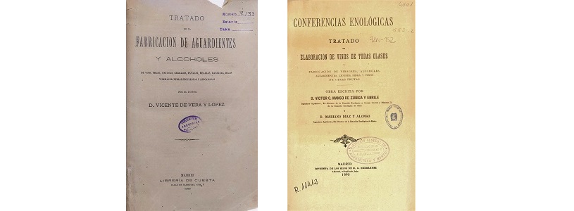 Foto 1: Tratado de fabricación de aguardientes y alcoholes de vino, orujo, patatas, cereales, patacas, melazas, manzanas, higos y demás materias feculentas y azucaradas. Autor: Vicente de Vera y López. Librería de Cuesta, (Madrid), 1885. Biblioteca Central M.A.P.A. Signatura: FAN-349. Foto 2: Conferencias enológicas: tratado de elaboración de vinos de todas clases y fabricación de vinagres, alcoholes, aguardientes, licores, sidra y vinos de otras frutas. Autor: Víctor C. Manso de Zúñiga y Enrile, y Mariano Díaz y Alonso. [s.n.], (Madrid), 1895. Biblioteca Central M.A.P.A. Signatura: FAN-152.